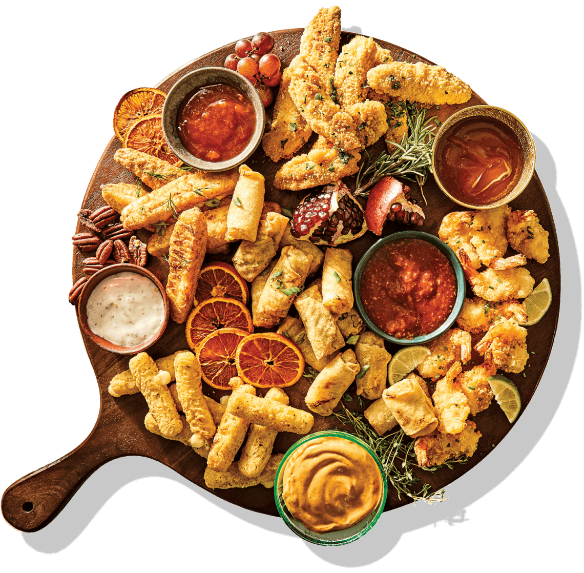 Collection of M&M foods and sauces on a platter.