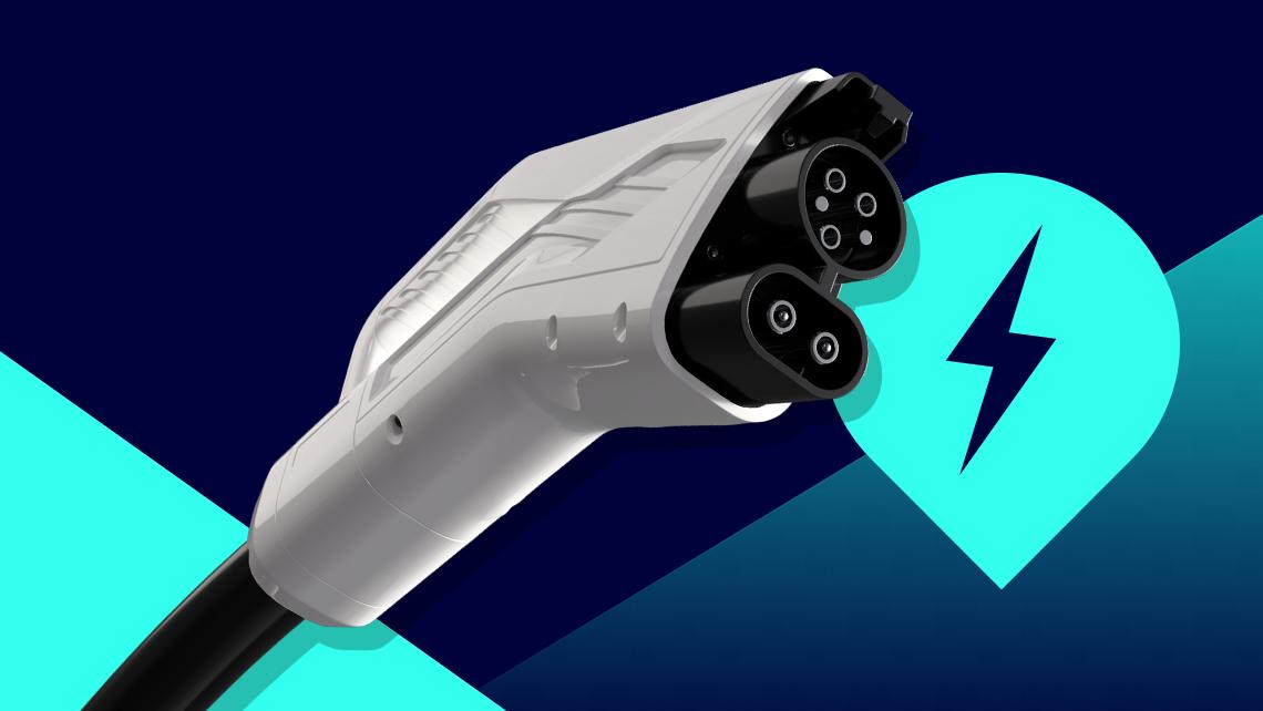 Illustrated EV charger with EV lightning icon next to it.