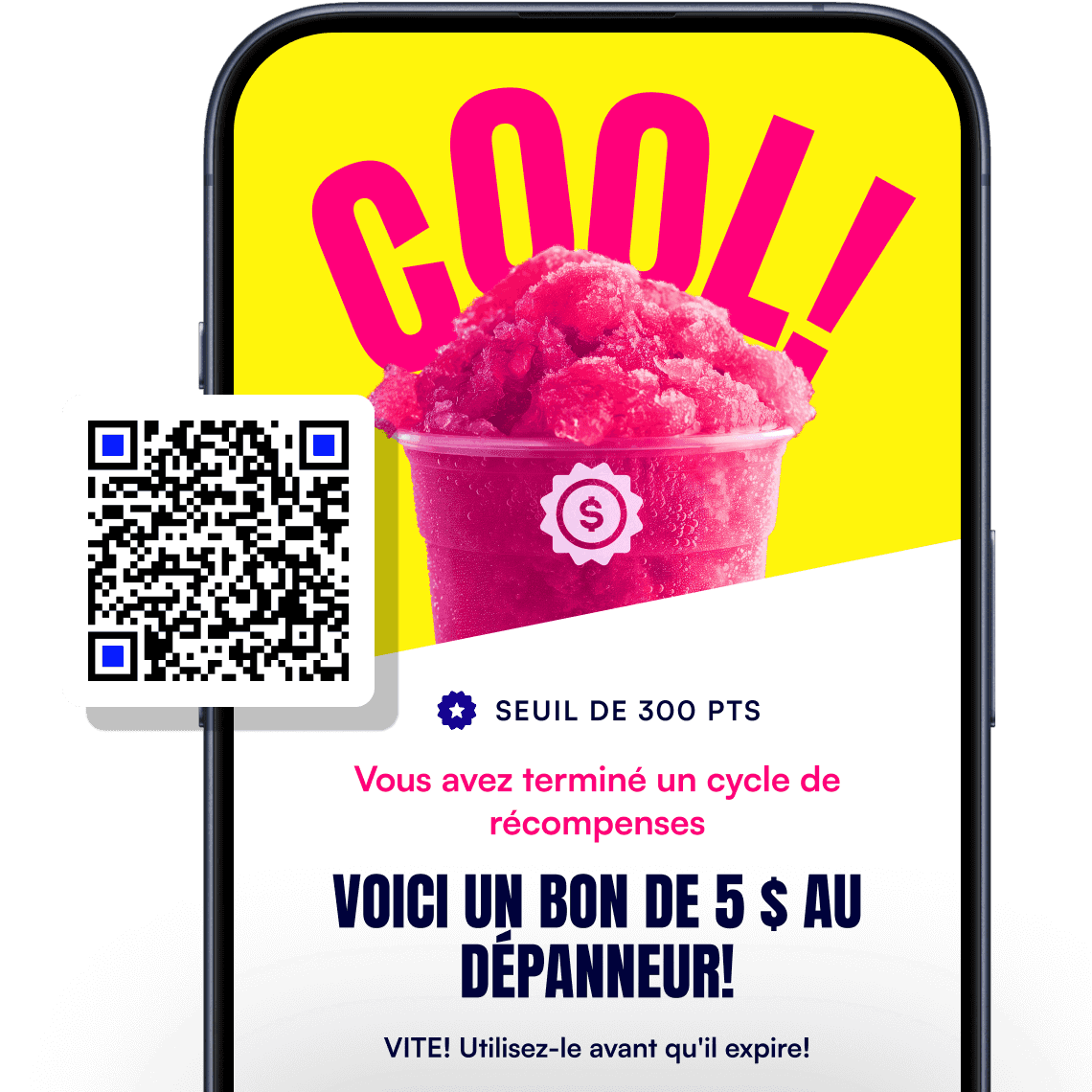 Maquette de téléphone montrant l'application Journie et un code QR pour télécharger l'application.