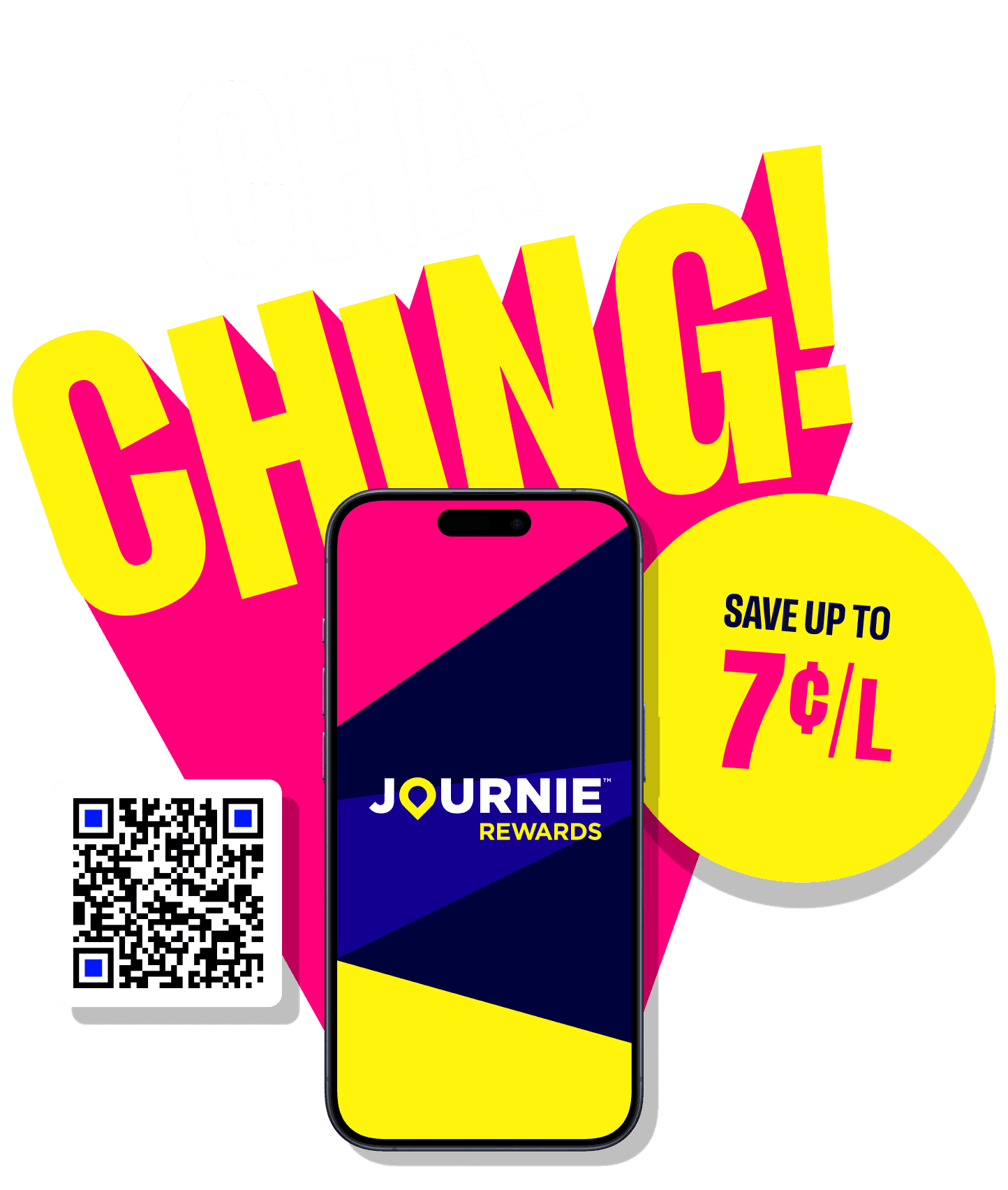 Text that says "Cha-Ching" next to a statement that says "save 7 c/l next to a Journie phone and QR code for download.