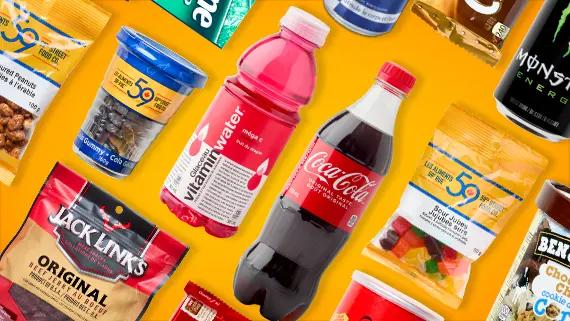 An assortment of drinks and snacks.