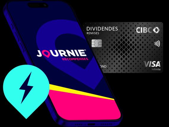 Téléphone avec Récompenses Journie ouvert à côté d'une carte bancaire CIBC.