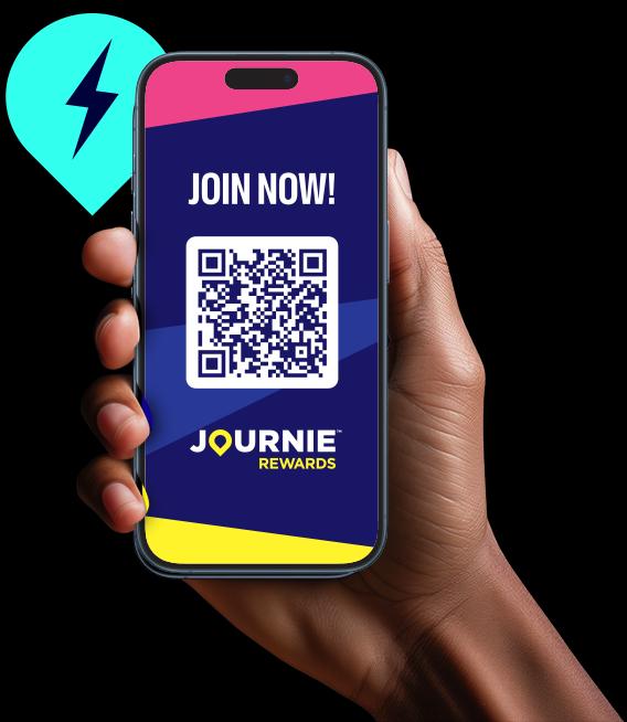 Hand holding a phone with Journie screen open to "join now"! Blue EV icon next to hand and phone.