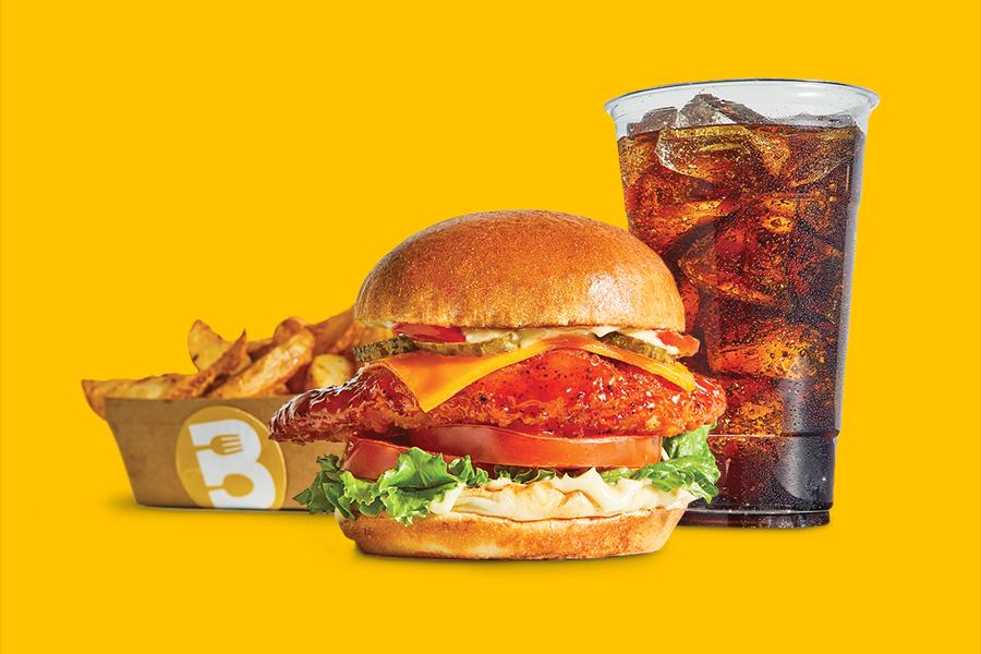 Chicken sandwich, fries and a drink.