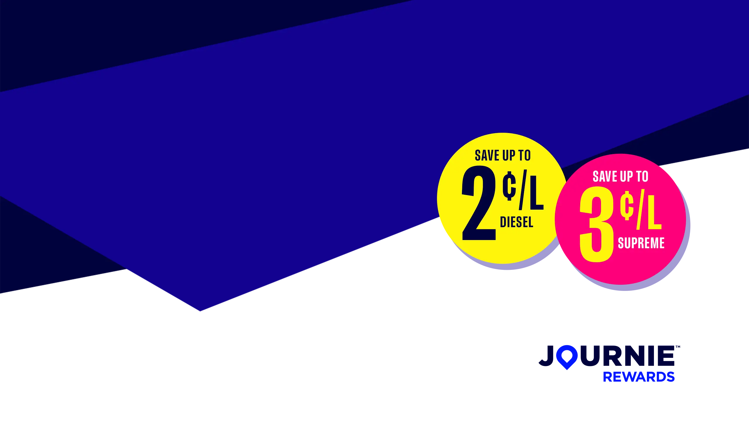 Two circles that say "Save up to 2 cents a litre on diesel" and another that says "Save up to 3 cents a litre on supreme".